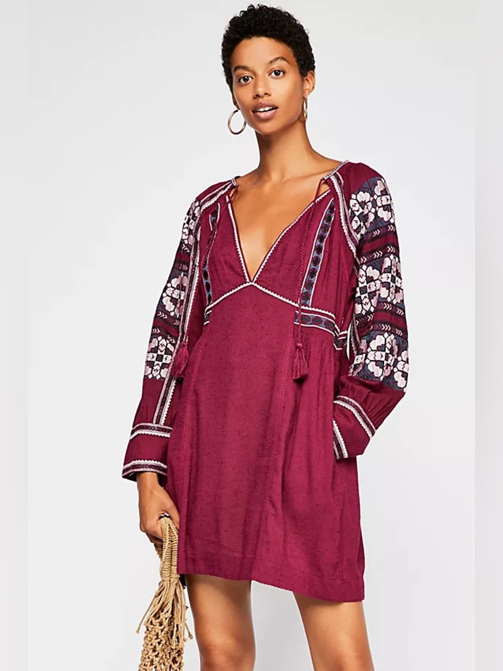 Free People All My Life Embroidered Boho Mini Dress Burgundy Wine